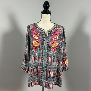 Savanna Jane South Beach Embroidered Top Floral Multi Bell Sleeve Women's Medium